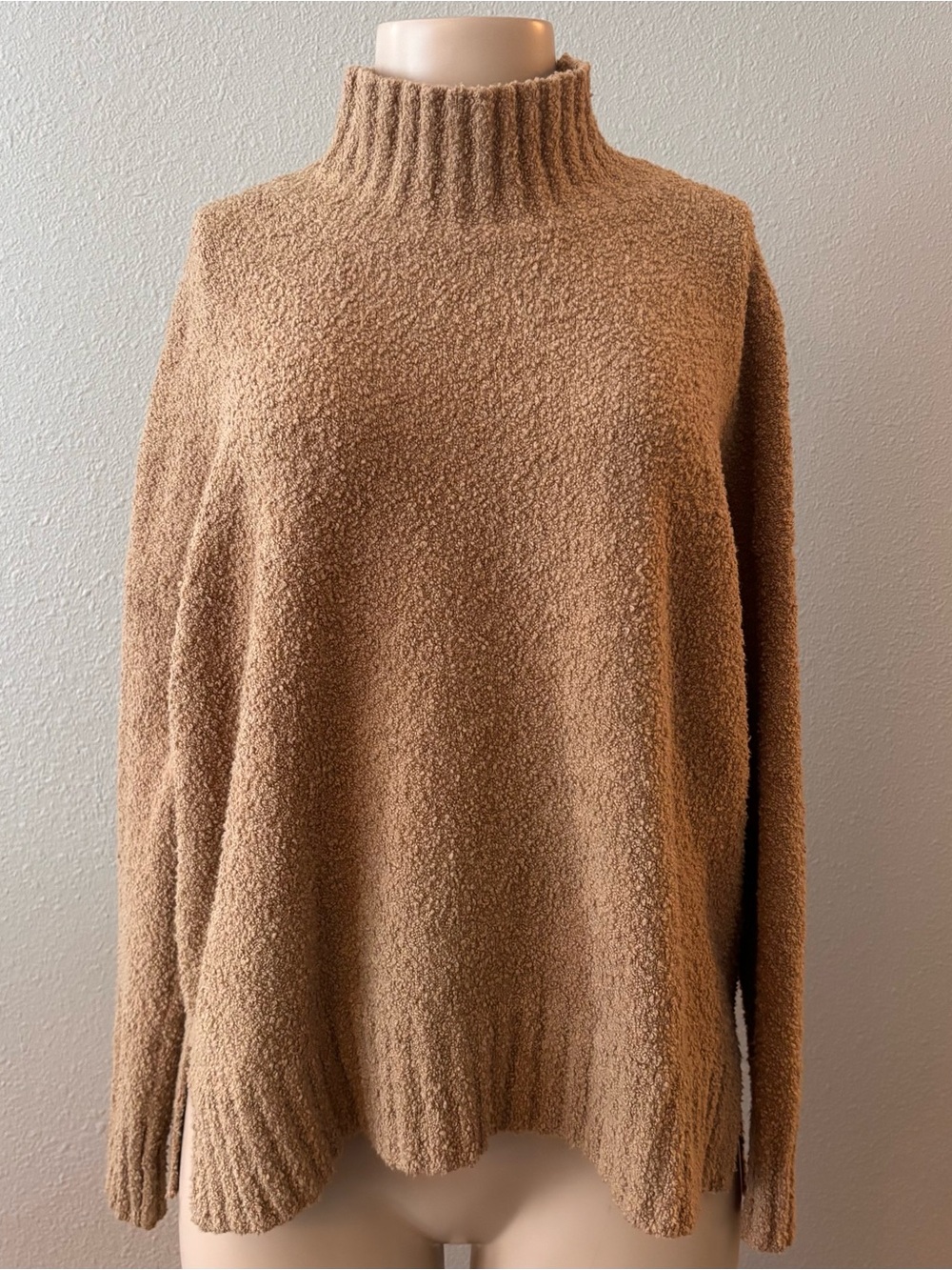 Eileen Fisher Organic Cotton Boucle Knit Mock Neck Sweater Honey Sz Medium